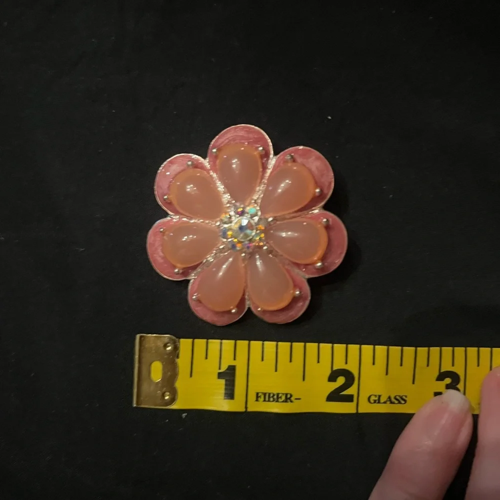 Vintage Peachy Pink Flower Enamel Brooch with rhinestones